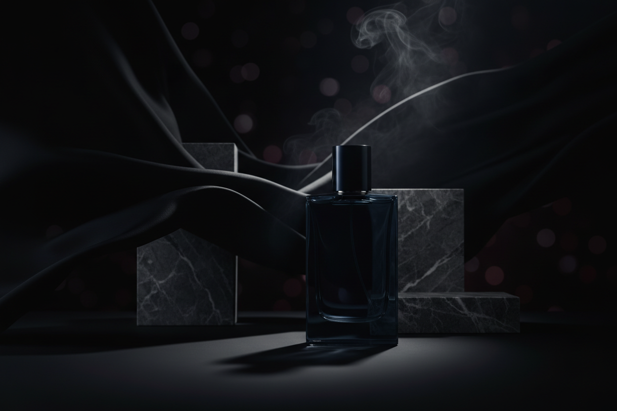 crate a ferfume background image for me in a dramatic filter it shoul match dark theme it shoul look more asthetic